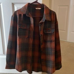 Gray/black and orange plaid over shirt